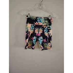 Girls Tropical Floral Bike Shorts Black Pink Hibiscus Active Athletic XL 14-16